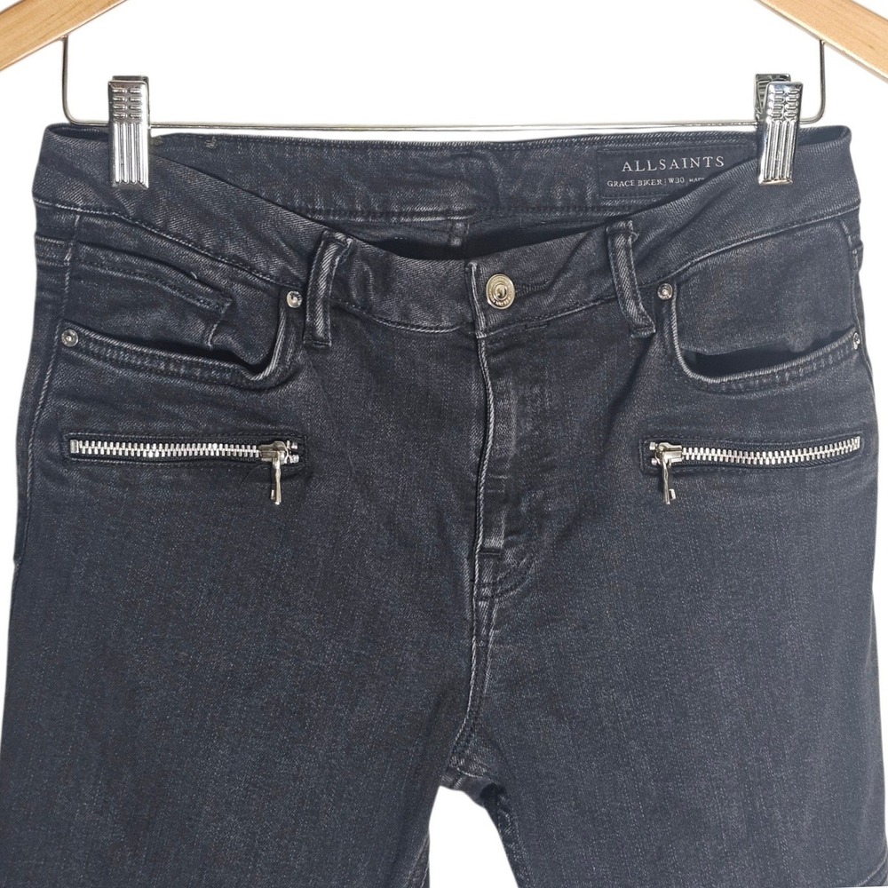 AllSaints Grace Biker Skinny Jeans Washed Black Moto Ribbed Knee W30 - Picture 6 of 9